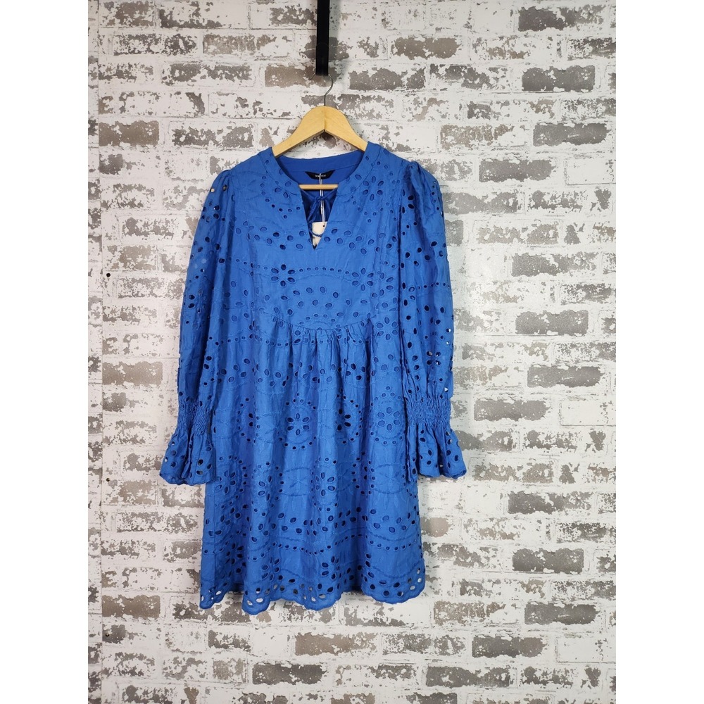 Boho Tiered Eyelet Popover Dress Size Small Blue Preppy Brunch Garden Party NEW